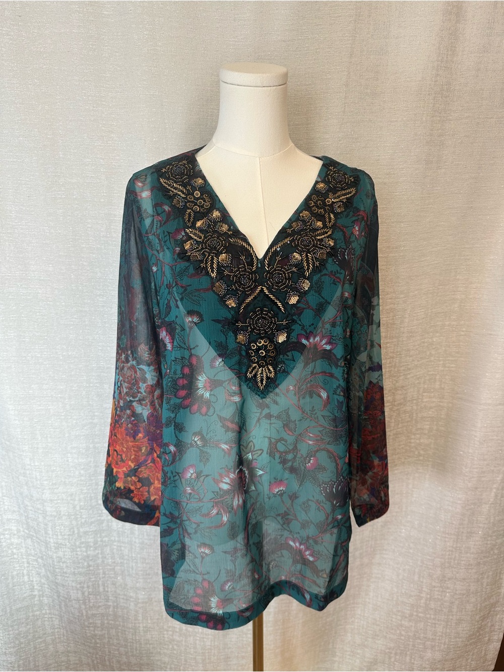 Soft Surroundings Beaded Floral Sheer Tunic Blouse Boho Luxury Embroidered